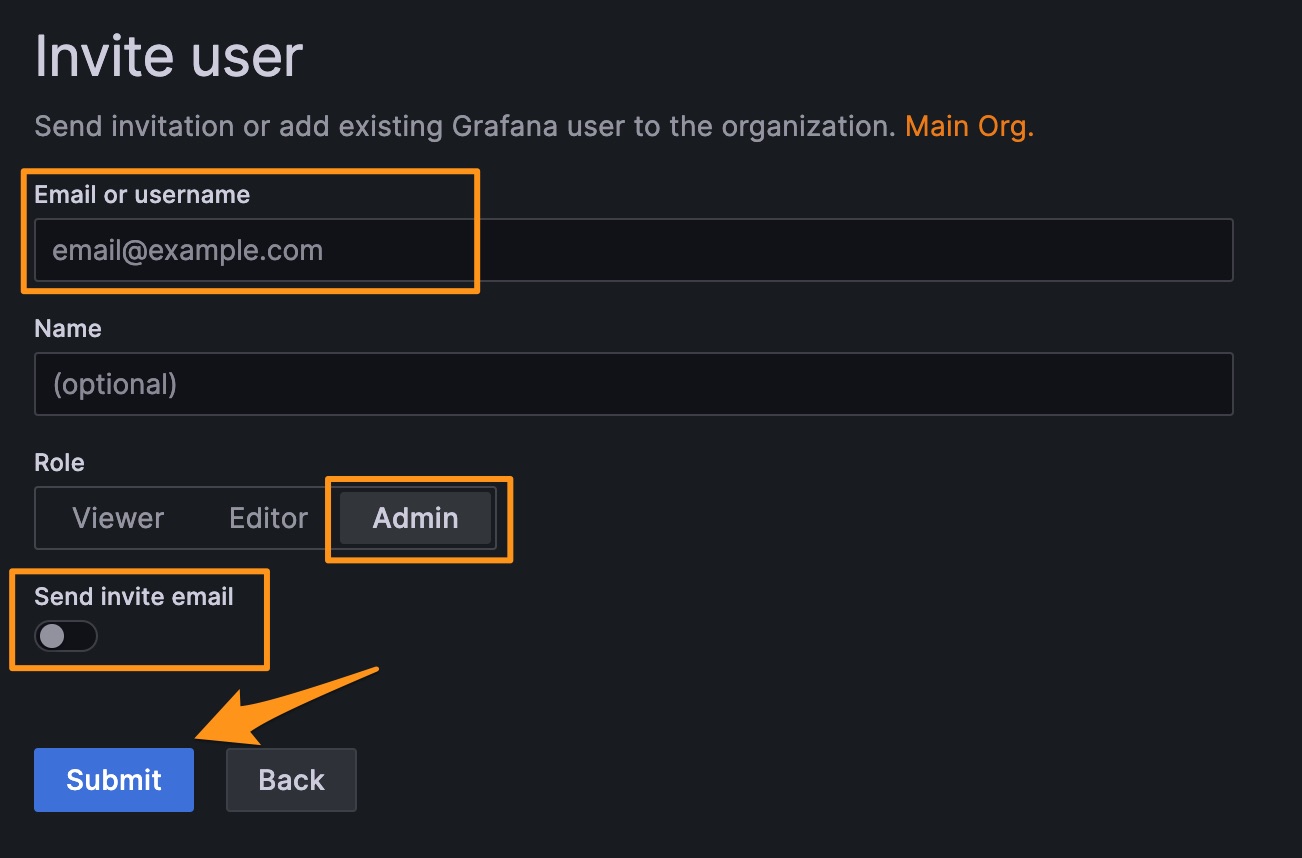 Input the email address of the community representative. Give them the “Admin” role. Toggle off the “Send invite email” option.